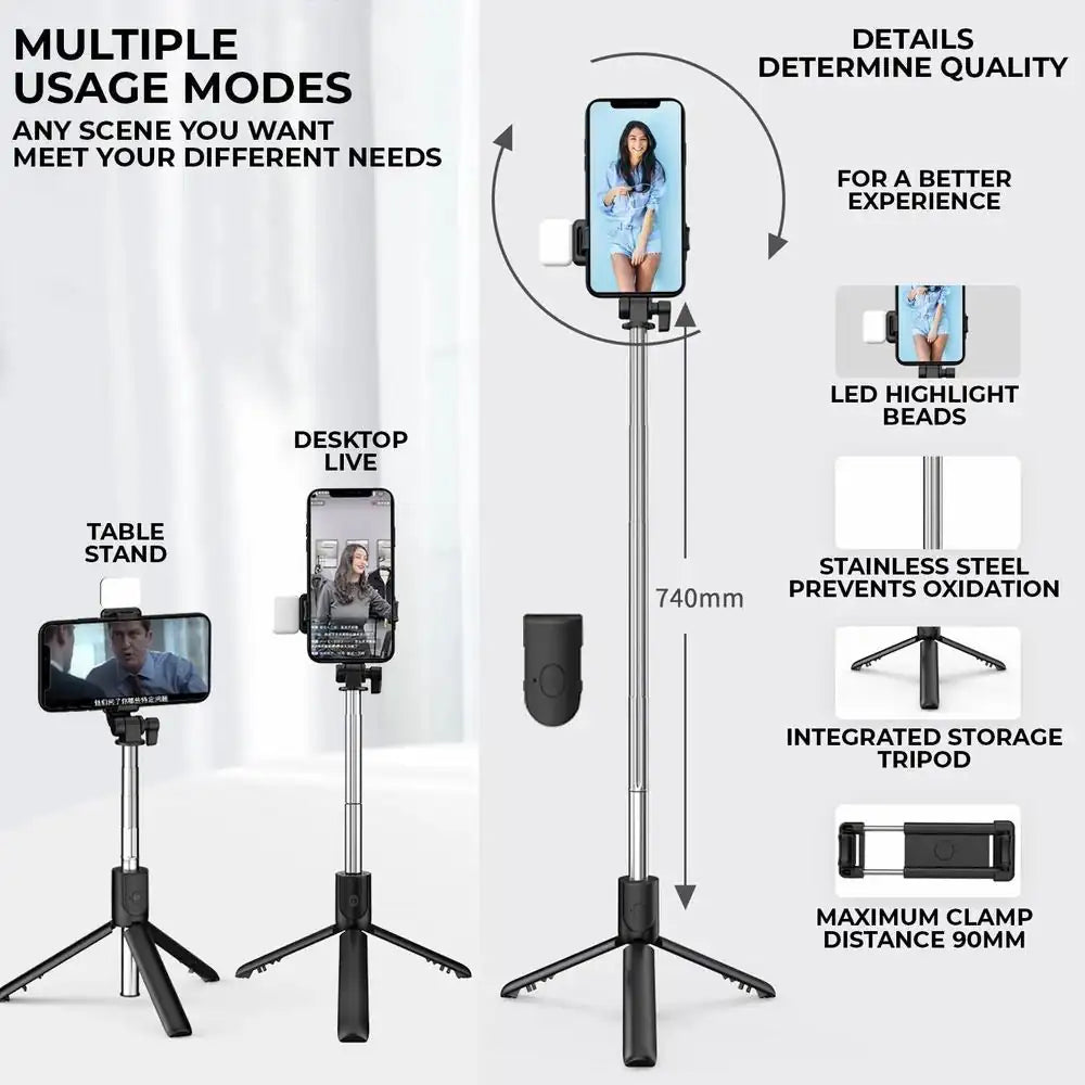 Portable Selfie Stick Tripod | With Bluetooth Remote & LED Light | Portable Phone Holder