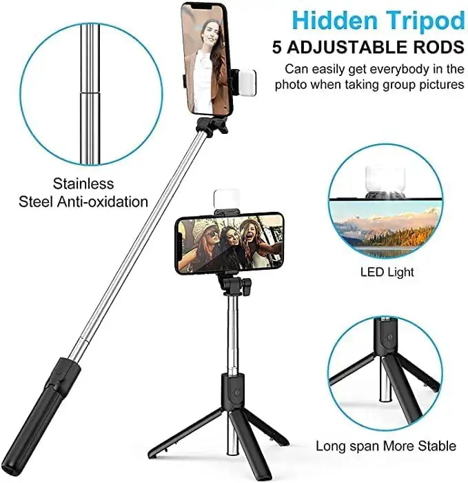 Portable Selfie Stick Tripod | With Bluetooth Remote & LED Light | Portable Phone Holder