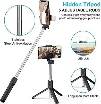 Portable Selfie Stick Tripod | With Bluetooth Remote & LED Light | Portable Phone Holder