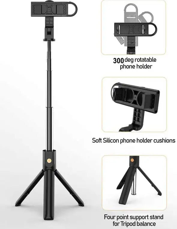 Portable Selfie Stick Tripod | With Bluetooth Remote & LED Light | Portable Phone Holder