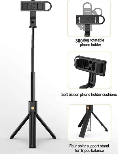Portable Selfie Stick Tripod | With Bluetooth Remote & LED Light | Portable Phone Holder